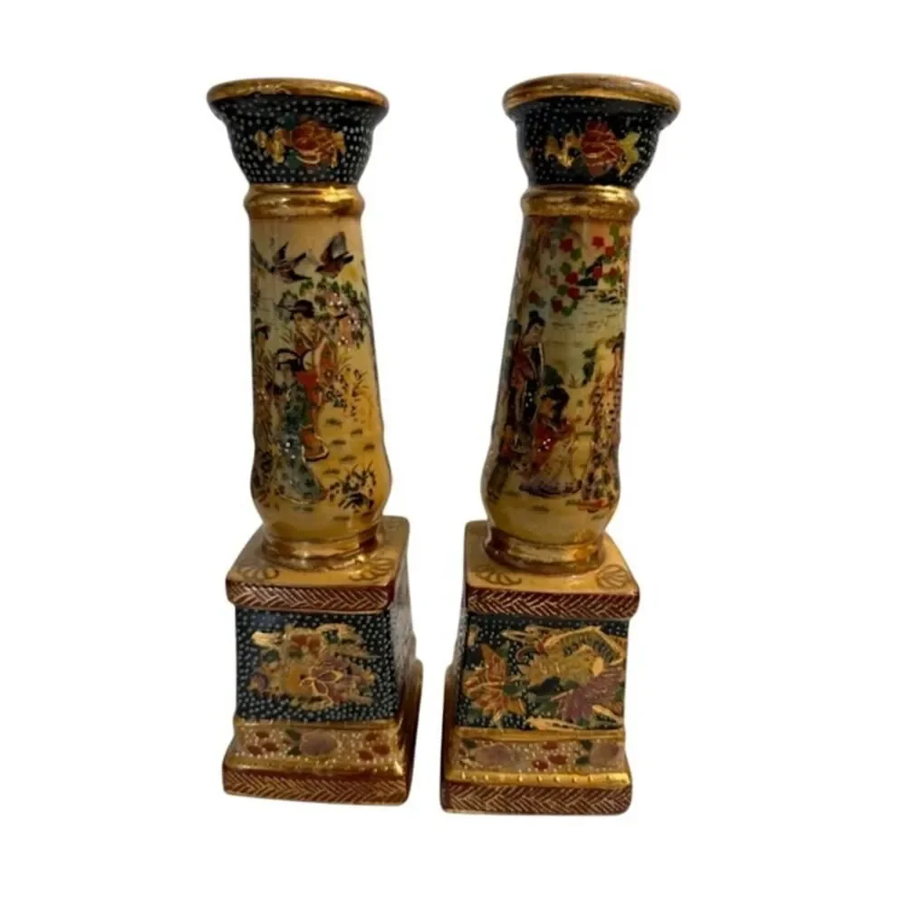 Royal Satsuma Pair Of Candlesticks Circa 1900s 9 1/2